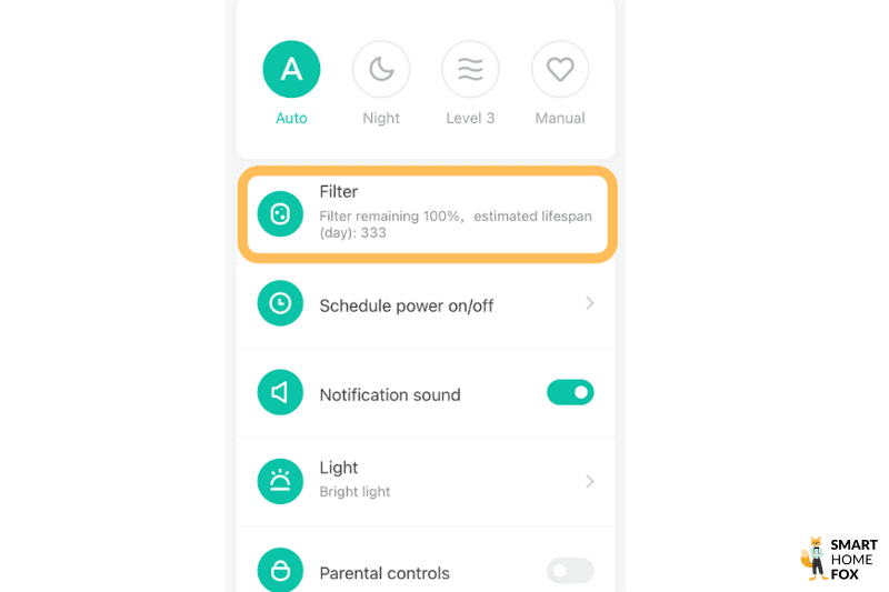 Срок службы фильтра очистителя воздуха Xiaomi Mi Air Purifier Pro H отображается в приложении Xiaomi Home.